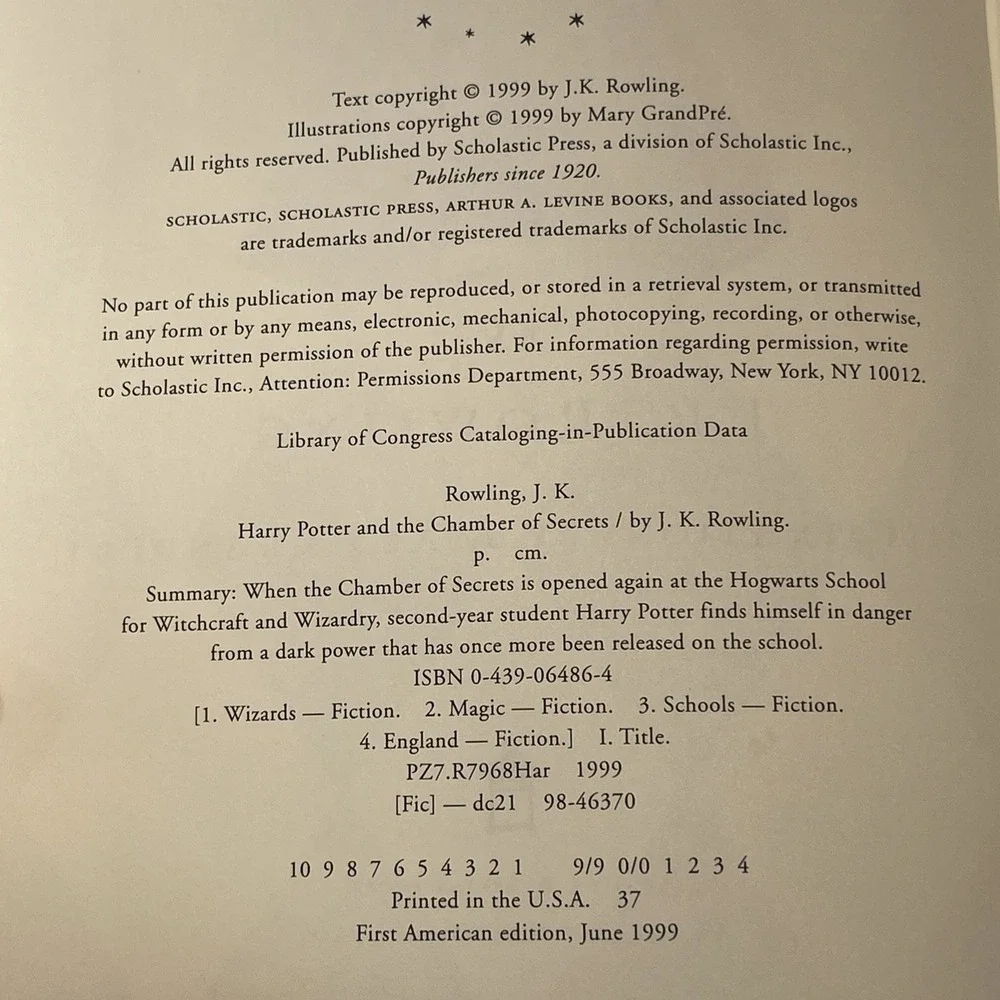HP Chamber of Secrets TRUE 1st Print First American Ed HC DJ 1999‎